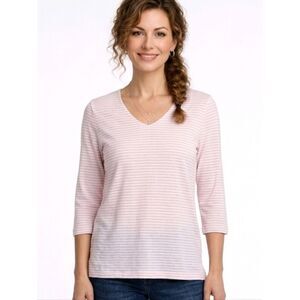 Chico's Pink Striped V-neck 3/4 Sleeve Side Vent Shirt Size M